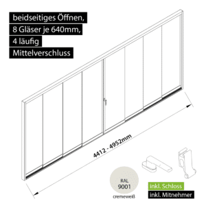 Glasschiebewand versperrbar 4 läufig 8 Gläser je 640mm mit Mitnehmern für die Gläser und Schloss beidseitig öffenbar in cremeweiß RAL 9001