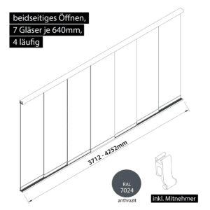 Glasschiebewand 4 läufig 7 Gläser je 640mm mit Mitnehmern für die Gläser beidseitig öffenbar in anthrazit/graphitgrau RAL 7024