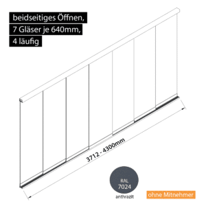 Glasschiebewand 4 läufig 7 Gläser je 640mm beidseitig öffenbar in anthrazit/graphitgrau RAL 7024