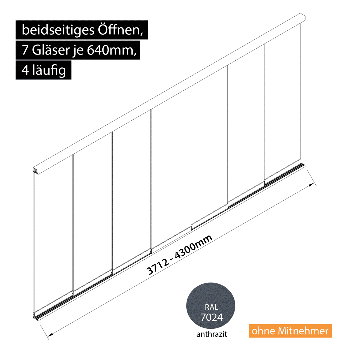 Glasschiebewand 4 läufig 7 Gläser je 640mm beidseitig öffenbar in anthrazit/graphitgrau RAL 7024