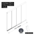 Glasschiebewand 4 läufig 4 Gläser je 640mm mit Mitnehmern für die Gläser einseitig öffenbar in anthrazit/graphitgrau RAL 7024