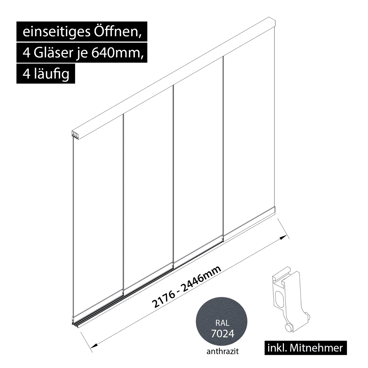 Glasschiebewand 4 läufig 4 Gläser je 640mm mit Mitnehmern für die Gläser einseitig öffenbar in anthrazit/graphitgrau RAL 7024