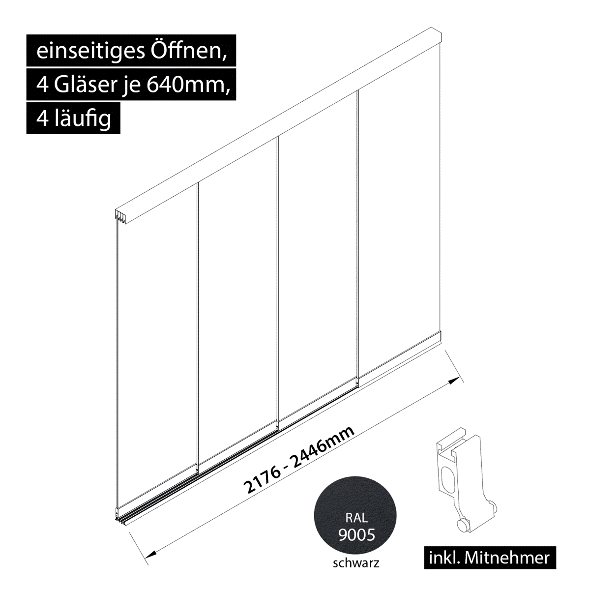 Glasschiebewand 4 läufig 4 Gläser je 640mm mit Mitnehmern für die Gläser einseitig öffenbar in schwarz RAL 9005