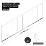 Glasschiebewand 4 läufig 8 Gläser je 820mm mit Mitnehmern für die Gläser beidseitig öffenbar in schwarz RAL 9005