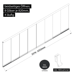 Glasschiebewand 4 läufig 8 Gläser je 820mm mit Mitnehmern für die Gläser beidseitig öffenbar in schwarz RAL 9005