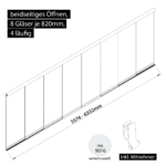 Glasschiebewand 4 läufig 8 Gläser je 820mm mit Mitnehmern für die Gläser beidseitig öffenbar in verkehrsweiß RAL 9016