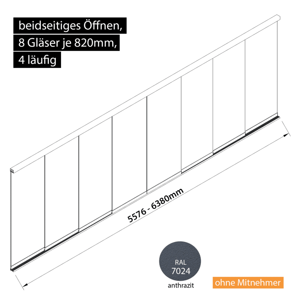 Glasschiebewand 4 läufig 8 Gläser je 820mm beidseitig öffenbar in anthrazit/graphitgrau RAL 7024