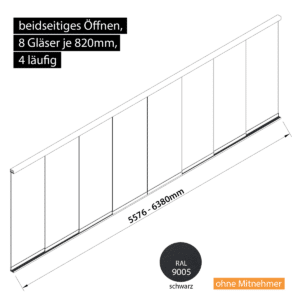 Glasschiebewand 4 läufig 8 Gläser je 820mm beidseitig öffenbar in schwarz RAL 9005