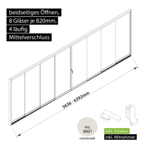 Glasschiebewand versperrbar 4 läufig 8 Gläser je 820mm mit Mitnehmern für die Gläser und Schloss beidseitig öffenbar in cremeweiß RAL 9001