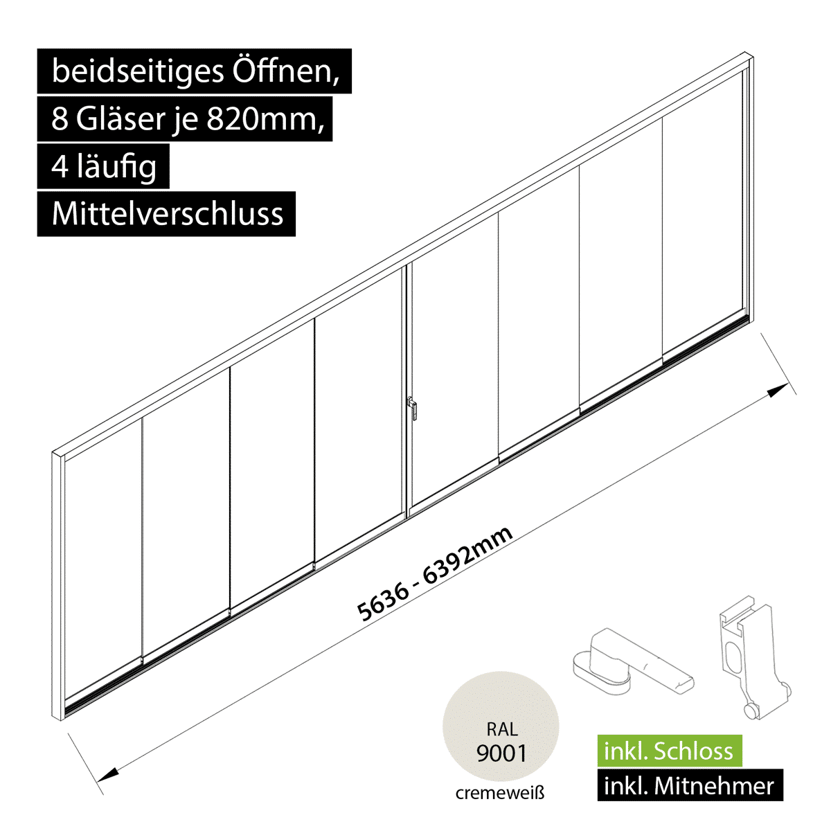 Glasschiebewand versperrbar 4 läufig 8 Gläser je 820mm mit Mitnehmern für die Gläser und Schloss beidseitig öffenbar in cremeweiß RAL 9001