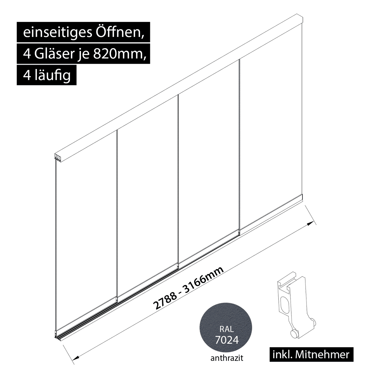 Glasschiebewand 4 läufig 4 Gläser je 820mm mit Mitnehmern für die Gläser einseitig öffenbar in anthrazit/graphitgrau RAL 7024