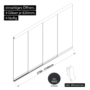 Glasschiebewand 4 läufig 4 Gläser je 820mm mit Mitnehmern für die Gläser einseitig öffenbar in schwarz RAL 9005