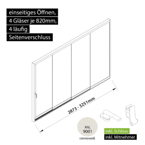 Glasschiebewand versperrbar 4 läufig 4 Gläser je 820mm mit Mitnehmern für die Gläser und Schloss einseitig öffenbar in cremeweiß RAL 9001