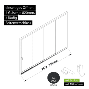 Glasschiebewand versperrbar 4 läufig 4 Gläser je 820mm mit Mitnehmern für die Gläser und Schloss einseitig öffenbar in schwarz RAL 9005