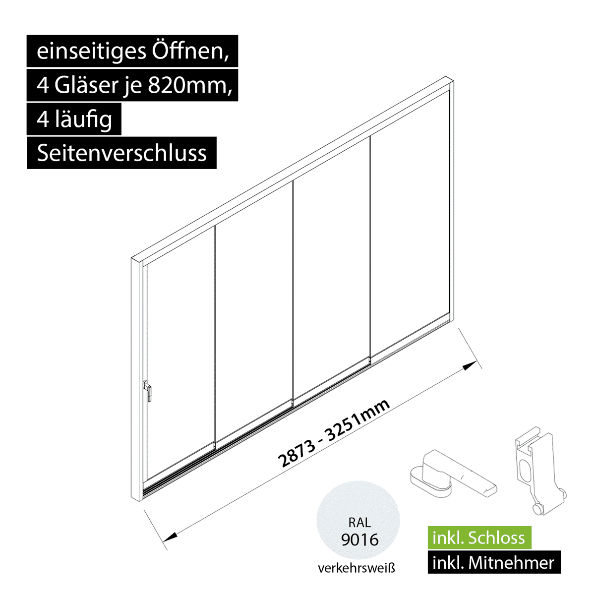 Glasschiebewand versperrbar 4 läufig 4 Gläser je 820mm mit Mitnehmern für die Gläser und Schloss einseitig öffenbar in verkehrsweiß RAL 9016