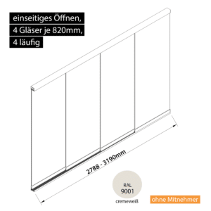 Glasschiebewand 4 läufig 4 Gläser je 820mm einseitig öffenbar in cremeweiß RAL 9001