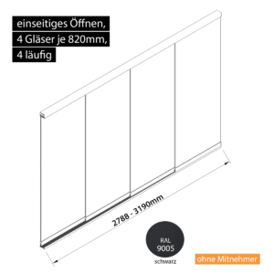 Glasschiebewand 4 läufig 4 Gläser je 820mm einseitig öffenbar in schwarz RAL 9005