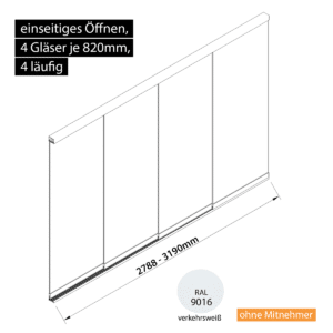 Glasschiebewand 4 läufig 4 Gläser je 820mm einseitig öffenbar in verkehrsweiß RAL 9016