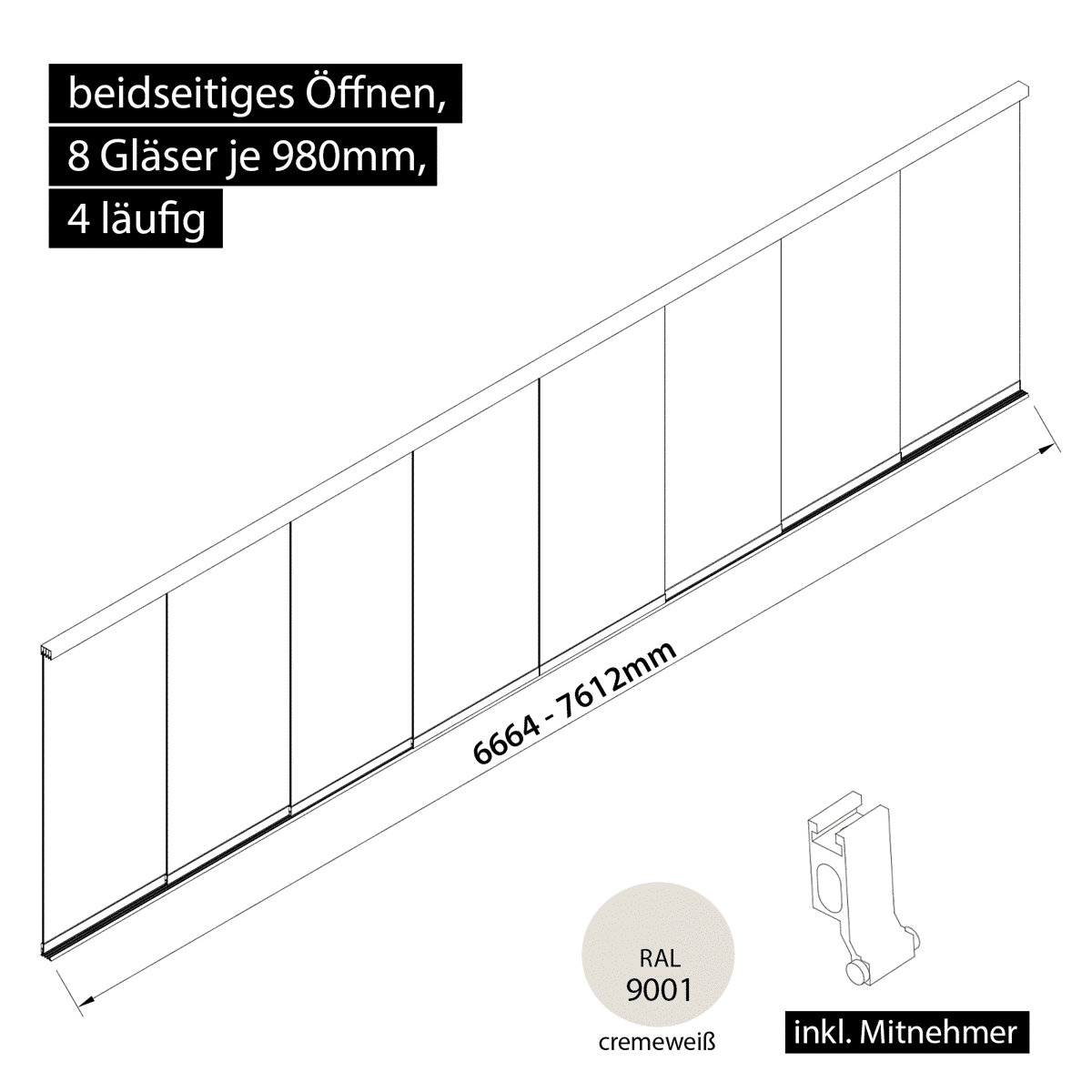 Glasschiebewand 4 läufig 8 Gläser je 980mm mit Mitnehmern für die Gläser beidseitig öffenbar in cremeweiß RAL 9001