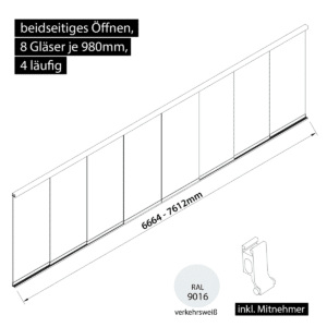 Glasschiebewand 4 läufig 8 Gläser je 980mm mit Mitnehmern für die Gläser beidseitig öffenbar in verkehrsweiß RAL 9016