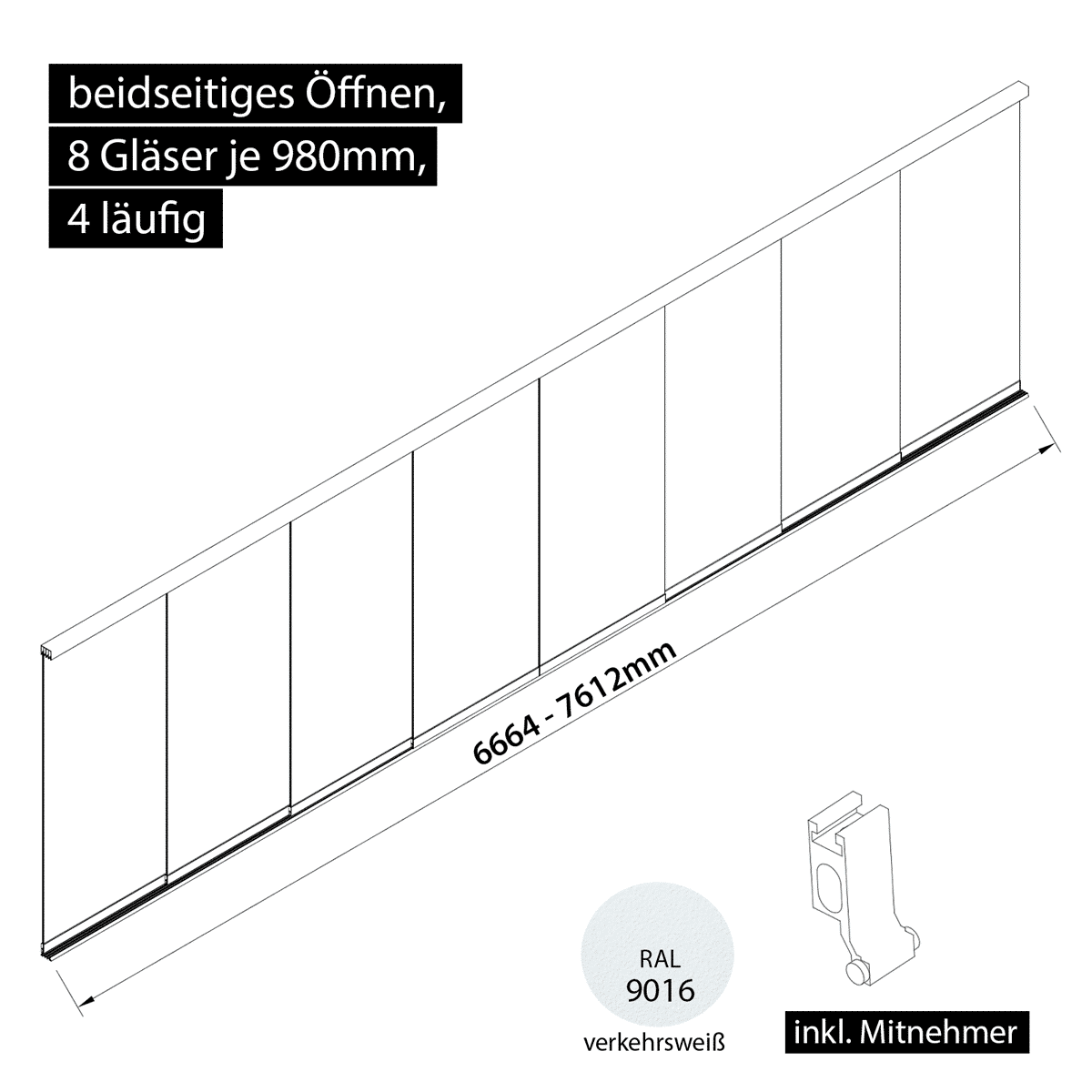 Glasschiebewand 4 läufig 8 Gläser je 980mm mit Mitnehmern für die Gläser beidseitig öffenbar in verkehrsweiß RAL 9016