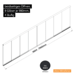 Glasschiebewand 4 läufig 8 Gläser je 980mm beidseitig öffenbar in schwarz RAL 9005