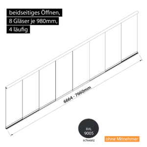 Glasschiebewand 4 läufig 8 Gläser je 980mm beidseitig öffenbar in schwarz RAL 9005