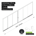 Glasschiebewand versperrbar 4 läufig 8 Gläser je 980mm mit Mitnehmern für die Gläser und Schloss beidseitig öffenbar in schwarz RAL 9005