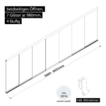 Glasschiebewand 4 läufig 7 Gläser je 980mm mit Mitnehmern für die Gläser beidseitig öffenbar in verkehrsweiß RAL 9016