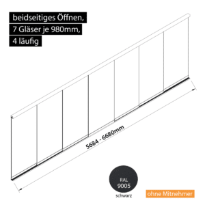 Glasschiebewand 4 läufig 7 Gläser je 980mm beidseitig öffenbar in schwarz RAL 9005