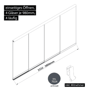 Glasschiebewand 4 läufig 4 Gläser je 980mm mit Mitnehmern für die Gläser einseitig öffenbar in anthrazit/graphitgrau RAL 7024