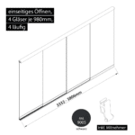 Glasschiebewand 4 läufig 4 Gläser je 980mm mit Mitnehmern für die Gläser einseitig öffenbar in schwarz RAL 9005