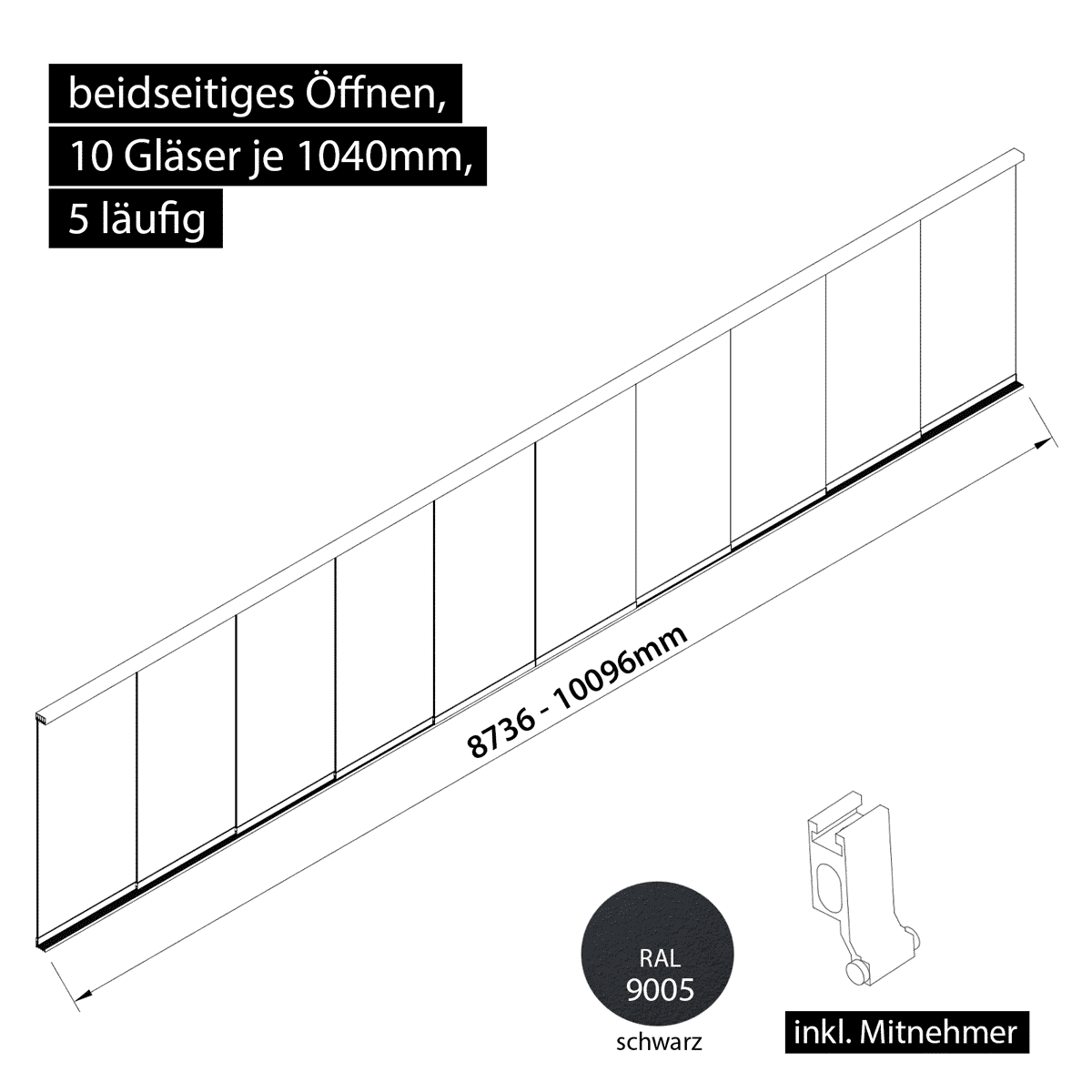 Glasschiebewand 5 läufig 10 Gläser je 1040mm mit Mitnehmern für die Gläser beidseitig öffenbar in schwarz RAL 9005