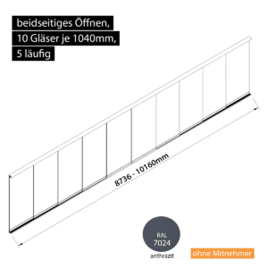 Glasschiebewand 5 läufig 10 Gläser je 1040mm beidseitig öffenbar in anthrazit/graphitgrau RAL 7024