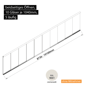 Glasschiebewand 5 läufig 10 Gläser je 1040mm beidseitig öffenbar in cremeweiß RAL 9001