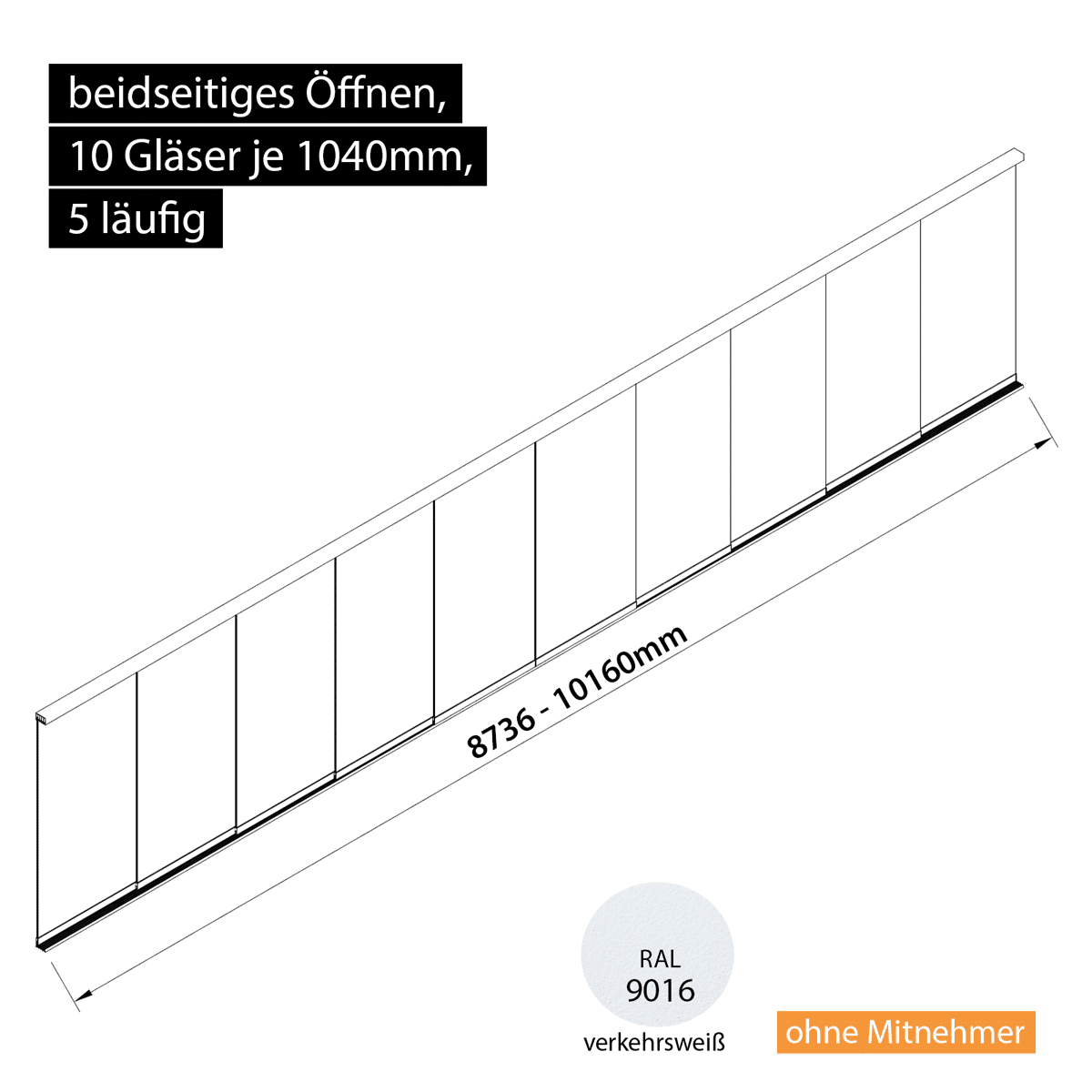 Glasschiebewand 5 läufig 10 Gläser je 1040mm beidseitig öffenbar in verkehrsweiß RAL 9016