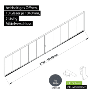 Glasschiebewand versperrbar 5 läufig 10 Gläser je 1040mm mit Mitnehmern für die Gläser und Schloss beidseitig öffenbar in anthrazit/graphitgrau RAL 7024