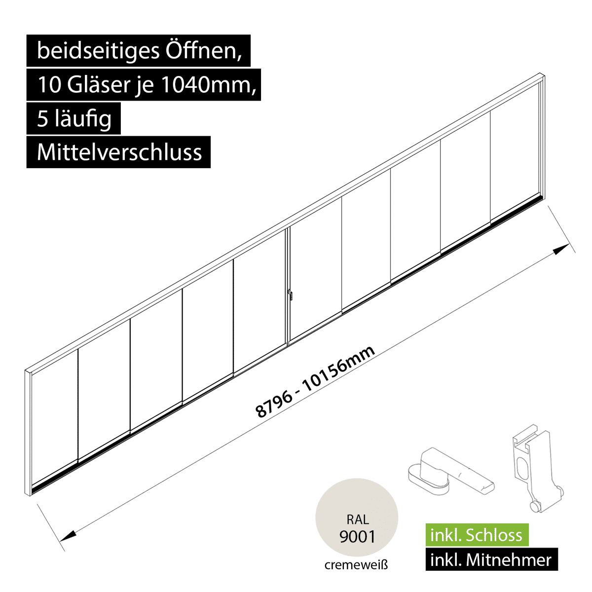 Glasschiebewand versperrbar 5 läufig 10 Gläser je 1040mm mit Mitnehmern für die Gläser und Schloss beidseitig öffenbar in cremeweiß RAL 9001