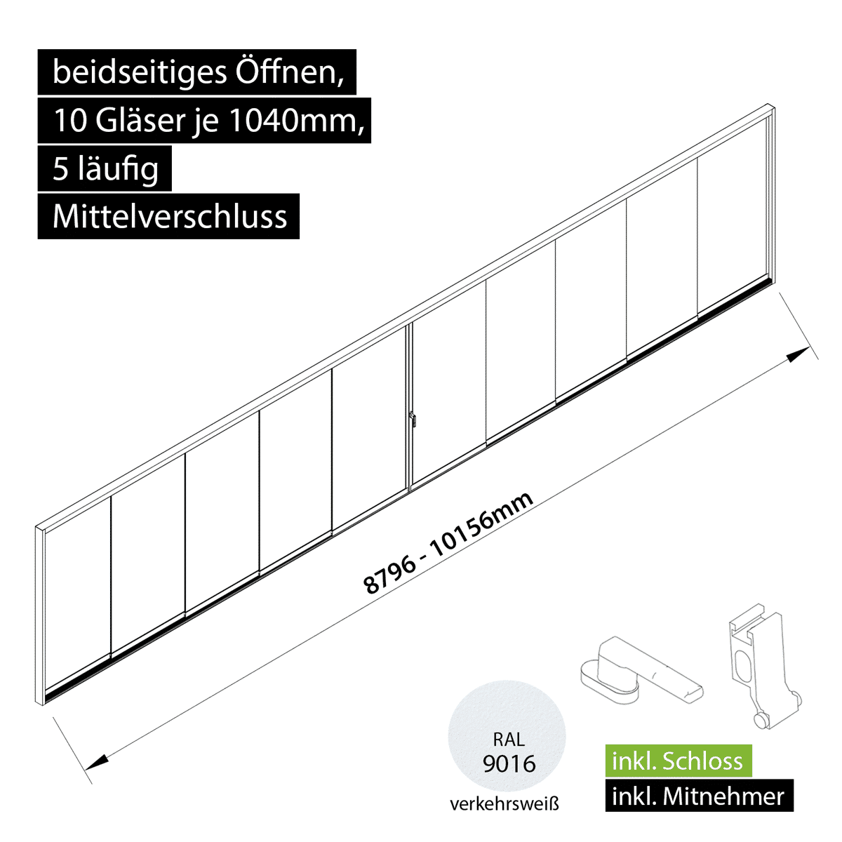 Glasschiebewand versperrbar 5 läufig 10 Gläser je 1040mm mit Mitnehmern für die Gläser und Schloss beidseitig öffenbar in verkehrsweiß RAL 9016