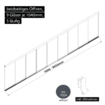 Glasschiebewand 5 läufig 9 Gläser je 1040mm mit Mitnehmern für die Gläser beidseitig öffenbar in anthrazit/graphitgrau RAL 7024