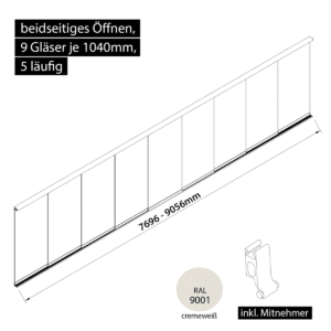 Glasschiebewand 5 läufig 9 Gläser je 1040mm mit Mitnehmern für die Gläser beidseitig öffenbar in cremeweiß RAL 9001