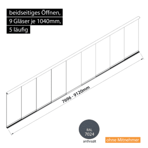 Glasschiebewand 5 läufig 9 Gläser je 1040mm beidseitig öffenbar in anthrazit/graphitgrau RAL 7024