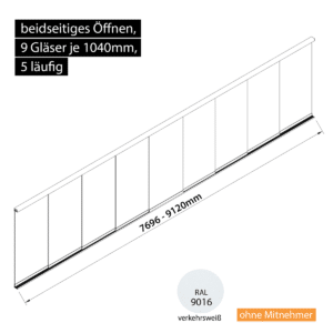 Glasschiebewand 5 läufig 9 Gläser je 1040mm beidseitig öffenbar in verkehrsweiß RAL 9016