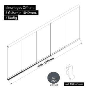 Glasschiebewand 5 läufig 5 Gläser je 1040mm mit Mitnehmern für die Gläser einseitig öffenbar in anthrazit/graphitgrau RAL 7024