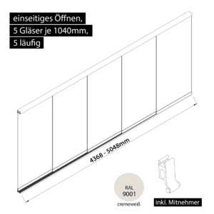 Glasschiebewand 5 läufig 5 Gläser je 1040mm mit Mitnehmern für die Gläser einseitig öffenbar in cremeweiß RAL 9001