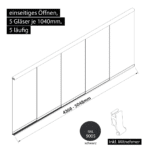 Glasschiebewand 5 läufig 5 Gläser je 1040mm mit Mitnehmern für die Gläser einseitig öffenbar in schwarz RAL 9005