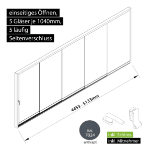 Glasschiebewand versperrbar 5 läufig 5 Gläser je 1040mm mit Mitnehmern für die Gläser und Schloss einseitig öffenbar in anthrazit/graphitgrau RAL 7024