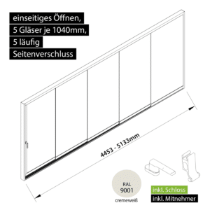 Glasschiebewand versperrbar 5 läufig 5 Gläser je 1040mm mit Mitnehmern für die Gläser und Schloss einseitig öffenbar in cremeweiß RAL 9001