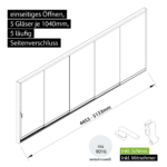 Glasschiebewand versperrbar 5 läufig 5 Gläser je 1040mm mit Mitnehmern für die Gläser und Schloss einseitig öffenbar in verkehrsweiß RAL 9016