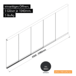 Glasschiebewand 5 läufig 5 Gläser je 1040mm einseitig öffenbar in schwarz RAL 9005